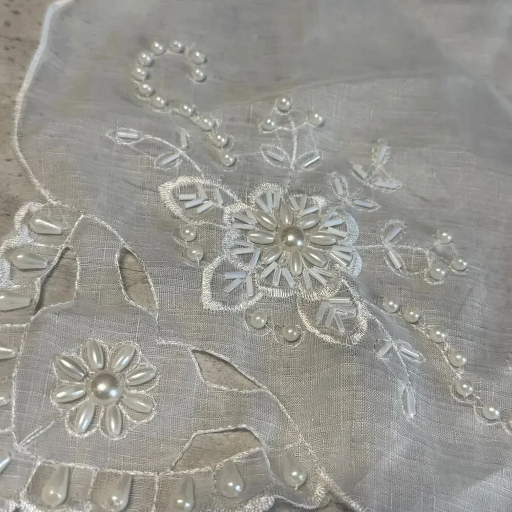 Vintage Handmade Beaded Pearl Embroidered Organza Fabric 2 Napkins Set